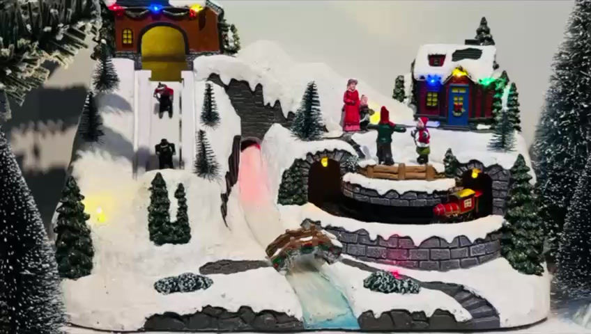 Thumbnail: Hand Painted Resin Christmas Villages with LED Light, Moving Skiing