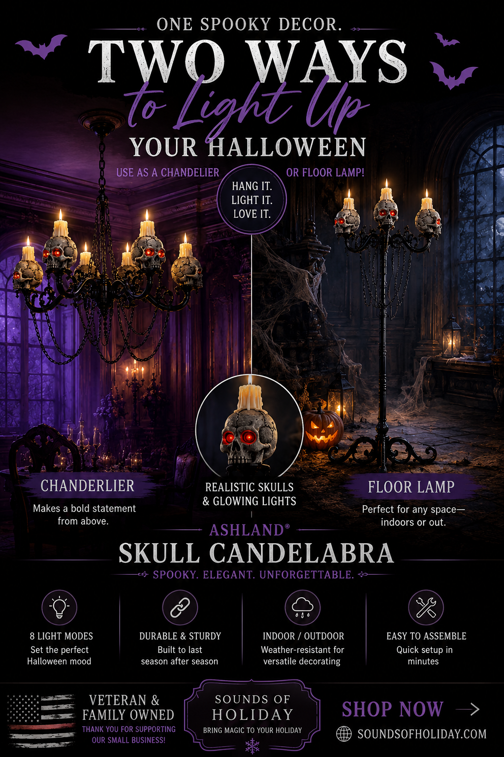 Ashland® 3-in-1 Lighted Skull Candelabra | Floor Lamp & Hanging Chandelier Hallo