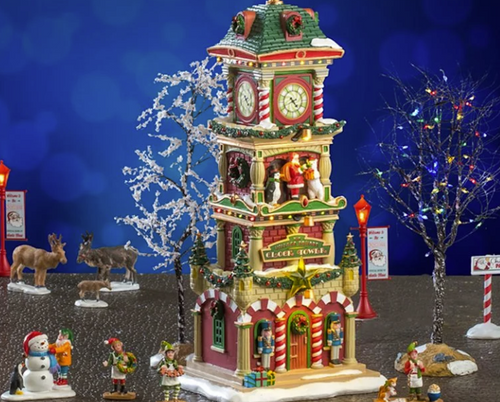 Lemax The Village Square Clock Tower Set #56673 | Sounds of Holiday