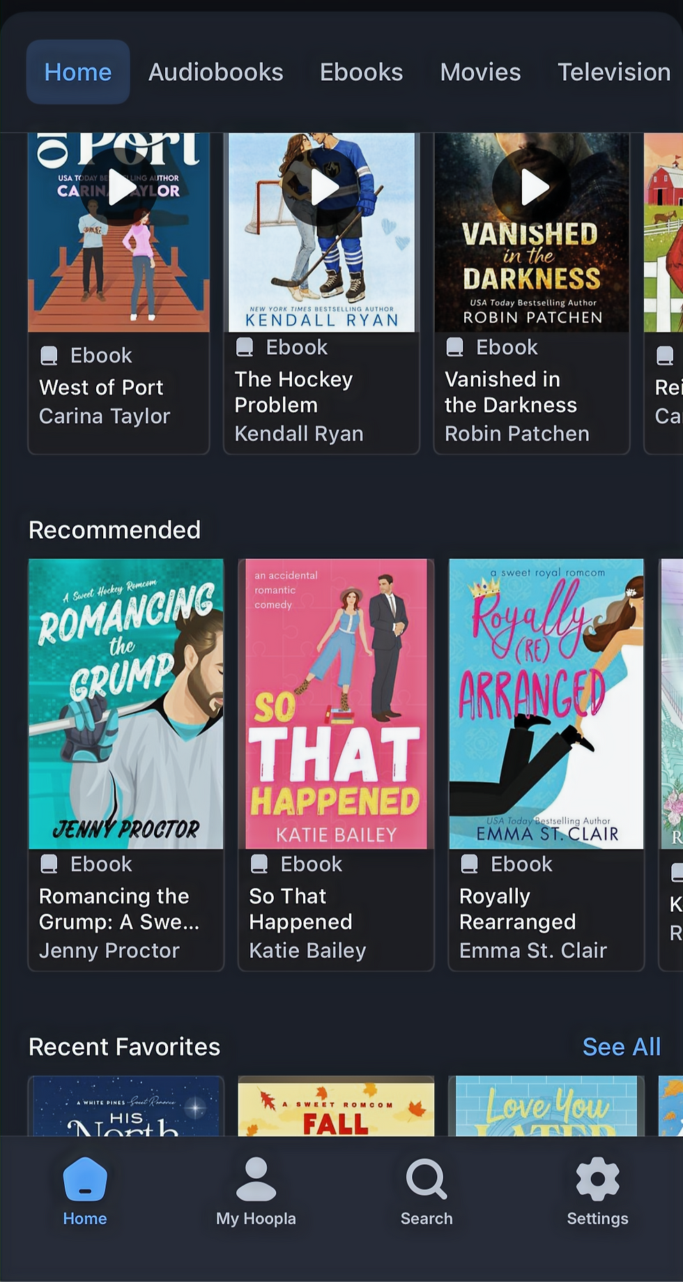 Dark library app home screen with ebook covers and tabs; titles include West of Port, The Hockey Problem, and So That Happened.