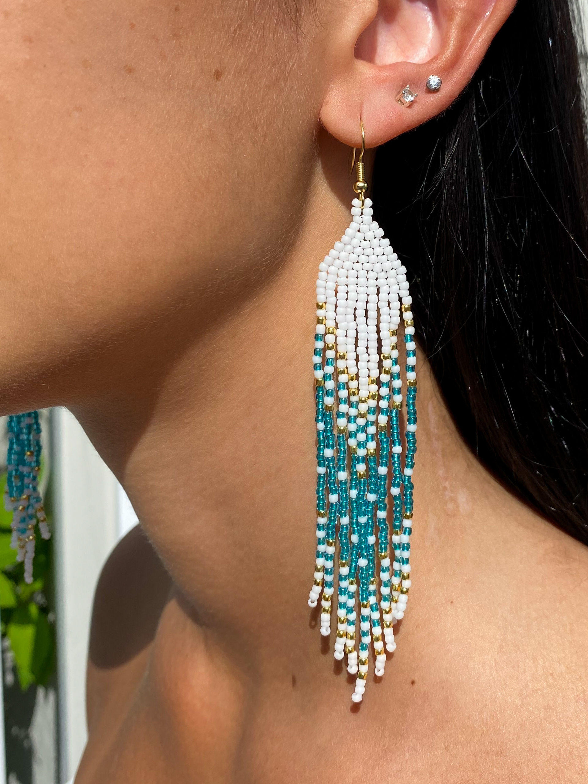 White, Gold & Teal Beaded Fringe Earrings