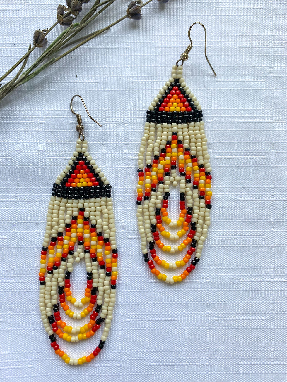 Cream, Black, Red, Orange and Yellow Loop Beaded Earrings