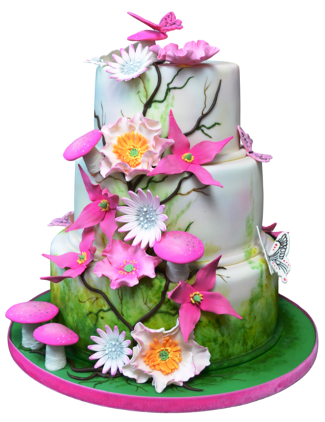 Three-tiered wedding cake with pink sugar paste flowers, mushrooms, and butterflies.