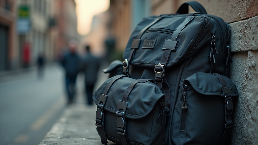 Close-up view of urban explorer’s backpack with safety gear laid out