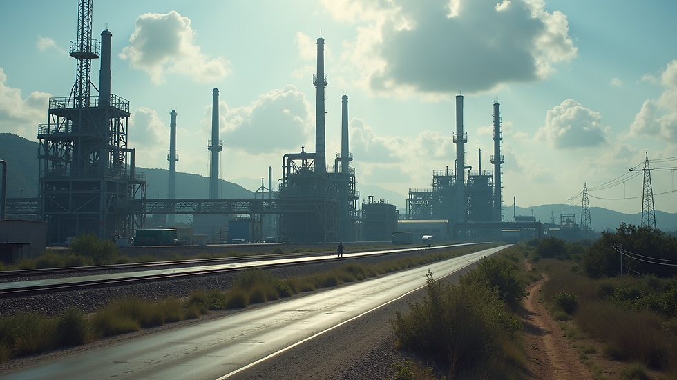 Vista en ángulo alto de una planta de hidrocarburos con equipos de mantenimiento