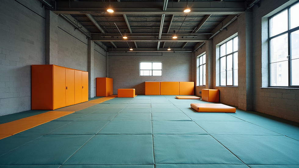 Wide angle view of a safe indoor parkour training area with soft mats and obstacles