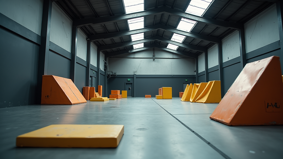 Wide angle view of an indoor parkour training facility with various obstacles