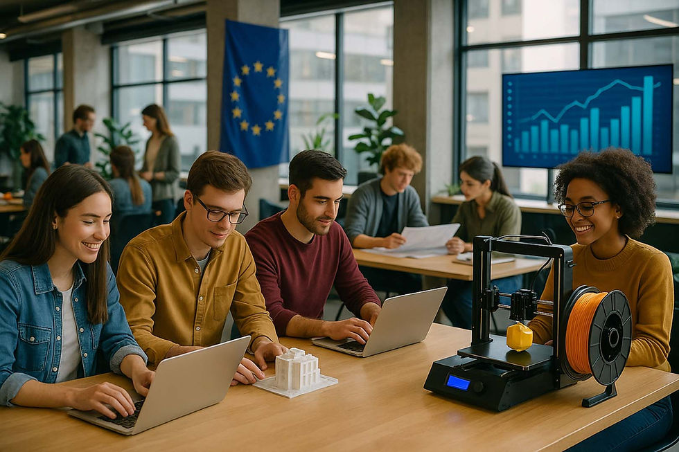 Mladi studenti i istraživači surađuju u modernom coworking prostoru s laptopima, prototipovima i 3D printerom, dok EU zastava i digitalni grafovi ulaganja simboliziraju podršku europskih fondova za razvoj poduzetničkih vještina.