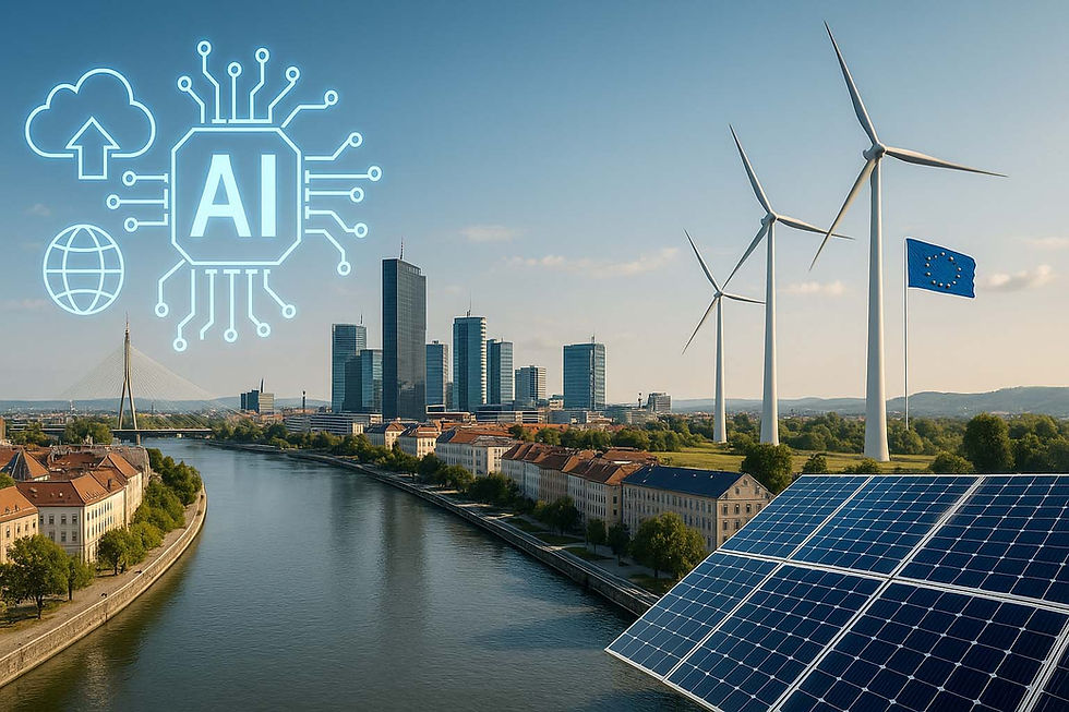 Fotorealistična panorama Dunava s modernim europskim gradovima, digitalnim AI simbolima, vjetroturbinama i solarnim panelima, uz EU zastavu na horizontu.
