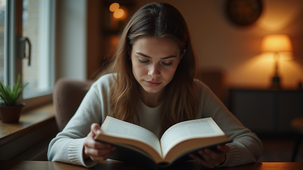 Eye-level view of a person reading a book in a cozy setting