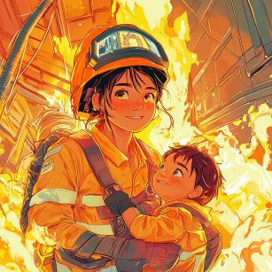 A firefighter bravely rescuing a kid from a fire accident.