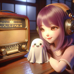 un fantome mignon a cote d'un humain femme cheveux prune qui ecoute la radio avec un casqu