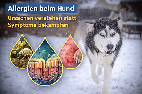 Sibirischer Husky läuft im Schnee auf die Kamera zu, daneben grafische Darstellung von Allergie-Ursachen wie Darmprobleme, Milben und Hautreizungen – Titel „Allergien beim Hund – Ursachen verstehen statt Symptome bekämpfen“