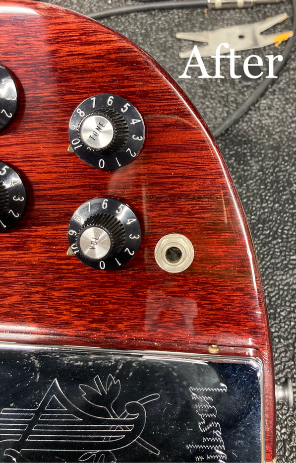 This is a 60's Gibson SG which unfortunately, had the jack area smashed in. I was able to glue the majority of it back together. I removed the area that was full of smashed fibers and inlaid a new piece of wood. I was then able to match the original pore filler and stain, then spray lacquer over the area. 