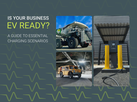Collage showing diverse EV charging scenarios: text 'EV READY? A GUIDE TO ESSENTIAL CHARGING SCENARIOS' over a patterned background, a large mining haul truck, an underground mining vehicle, and an outdoor EV charging station.