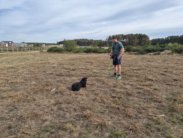 Sam and a dog enjoying an outdoor walk across open ground near Bracknell.