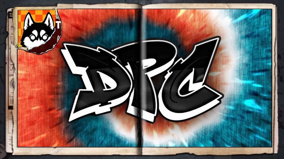 An orange & teal tie-dye background with black graffiti “DPC” logo, a comic wallpaper by Austin Lambeau in tribute to the second year anniversary of DPC.