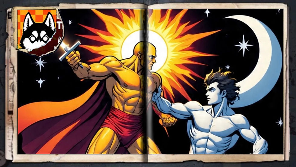 “Helios The Solarian & Moonbeast”, a comic wallpaper by Austin Lambeau.