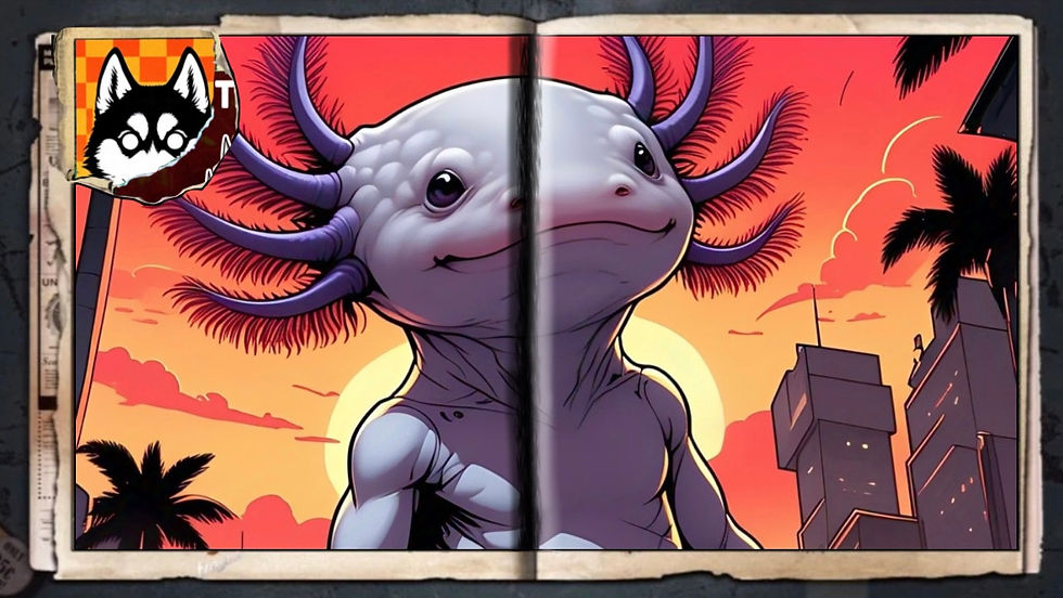 “Sunset City Axolotl”, a comic wallpaper by Austin Lambeau.
