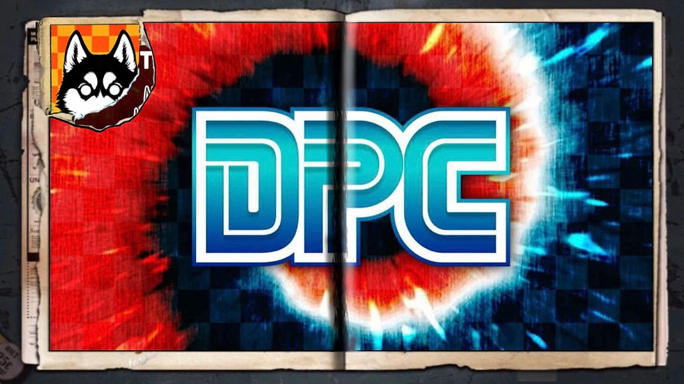 A red & blue tie-dye checkered background with blue “DPC” logo, a comic wallpaper by Austin Lambeau in tribute to the third year anniversary of DPC.