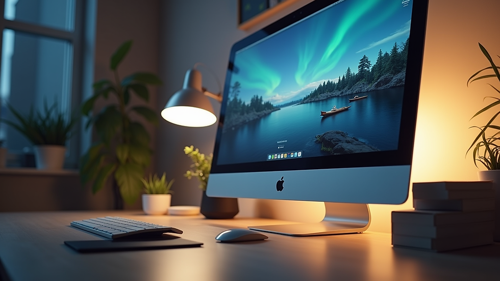 Eye-level view of a modern workspace with a sleek computer setup