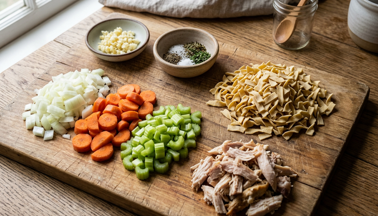 Close-up view of diced onion, carrots, celery, garlic, noodles, and shredded chicken arranged for soup prep.