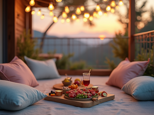 Cozy balcony picnic with soft lighting and shareable food
