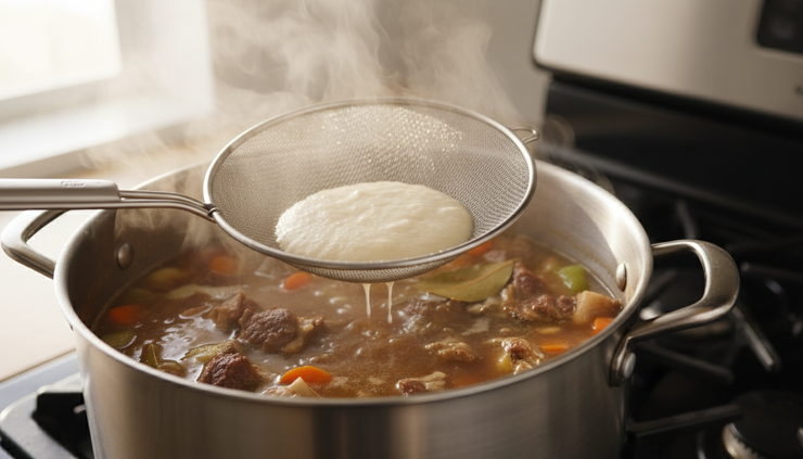 Close-up of a wire skimmer lifting foam from a simmering stockpot