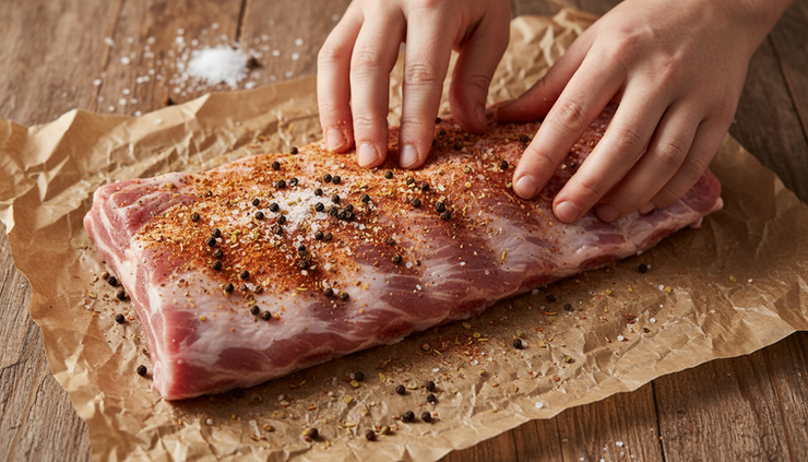 Close-up of a dry seasoning blend being rubbed onto raw ribs