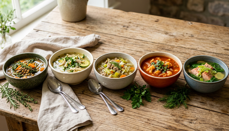 Eye-level view of five different soups in matching bowls with herbs and vegetables.