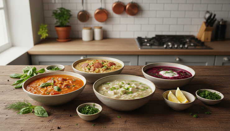 Wide-angle view of several bowls of cabbage soup with different toppings on a wooden table.