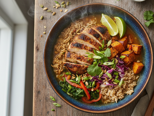 A balanced bowl starts with grain, protein, vegetables, and warm broth.