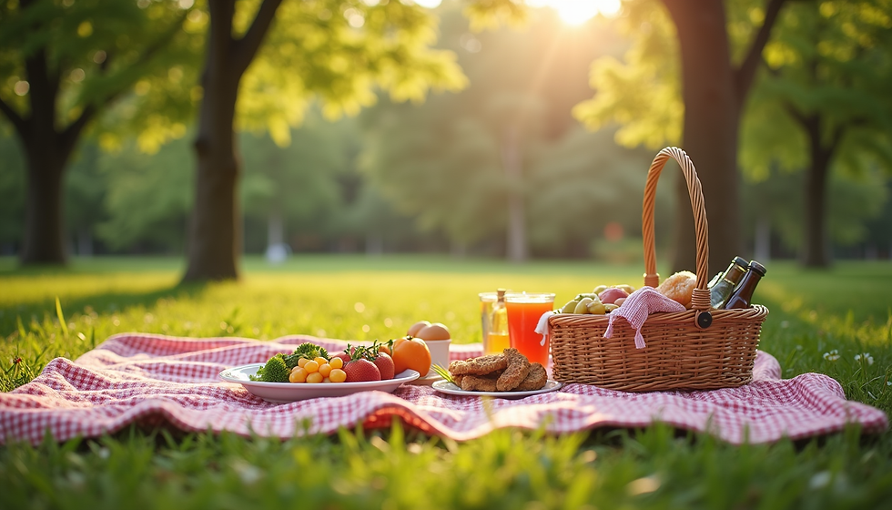 Picnic setup with colorful blankets and baskets in a sunny park