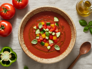 A chilled bowl of gazpacho shows how simple ingredients can become a polished summer soup.