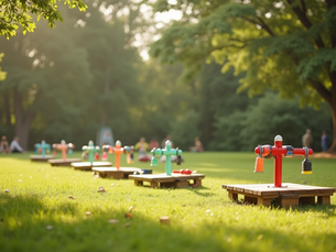 Picnic area with various game stations set up on green grass