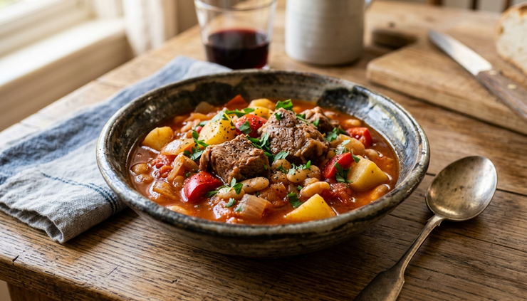 Eye-level view of a bowl of Basque lamb stew with potatoes, peppers, and herbs.