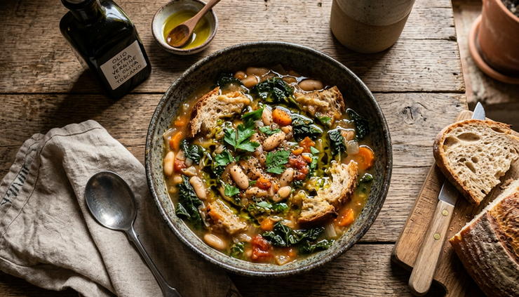 Overhead view of Tuscan vegetable and bread soup in a rustic bowl.