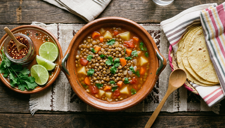 Overhead view of Mexican lentil soup in a clay bowl with lime and cilantro.