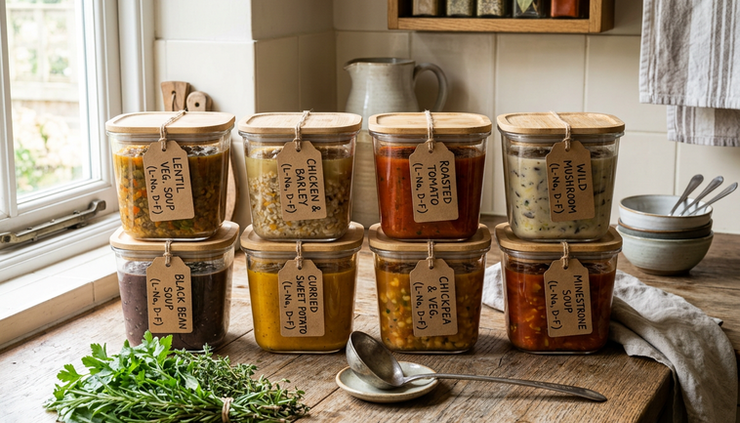 Wide-angle view of labeled freezer containers filled with homemade soup on a kitchen counter.