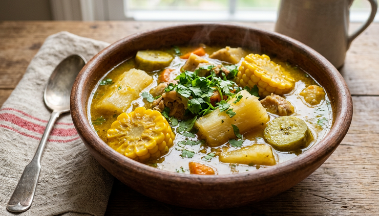 Close-up of Dominican-style yuca sancocho with corn and herbs.