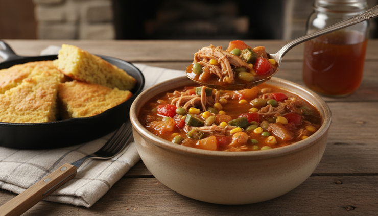 Eye-level view of a spoon lifting thick camp stew from a bowl.