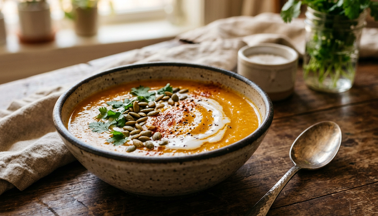 Overhead view of Moroccan spiced sweet potato soup in a bowl with herbs and toasted seeds.