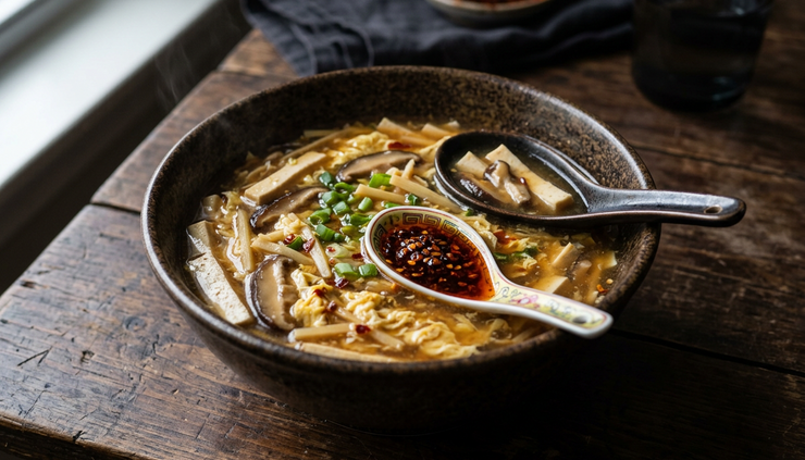Eye-level view of hot and sour soup with tofu, mushrooms, and egg ribbons.