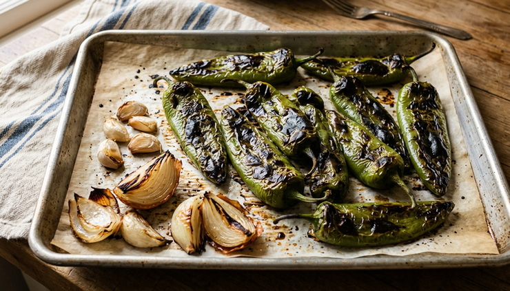 Close-up view of roasted Hatch chiles with blistered skins on a sheet pan.