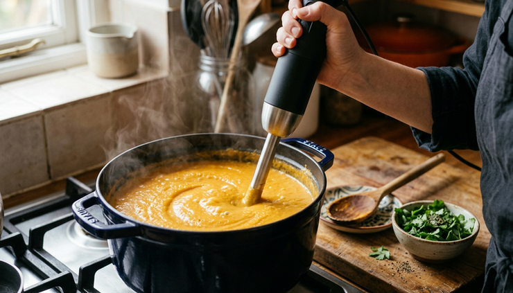 Eye-level view of a soup pot being blended with an immersion blender.