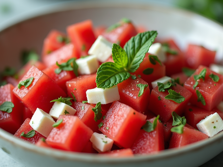 Watermelon Feta Mint Salad ready to serve, showcasing juicy watermelon cubes, crumbly feta, and vibrant mint leaves.