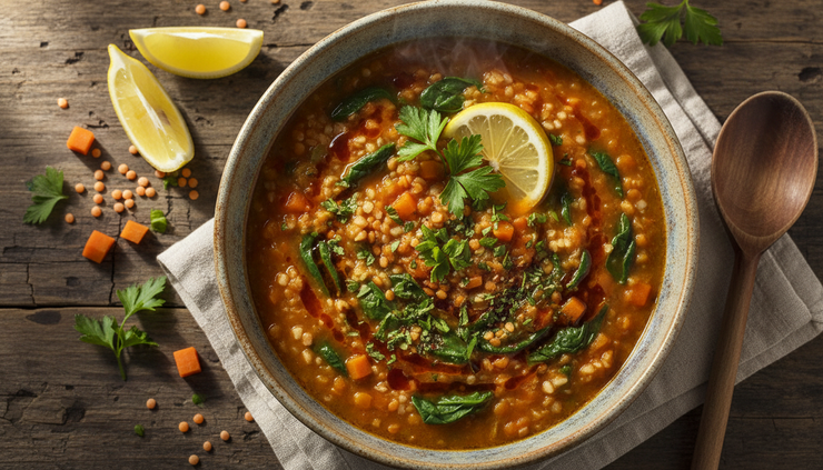 Overhead view of a red lentil soup bowl with bulgur, vegetables, lemon, and herbs.