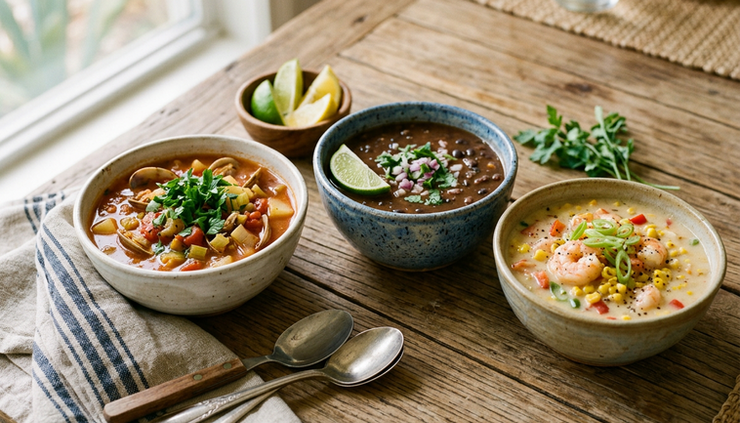 Eye-level view of finished bowls of Florida soups on a table.