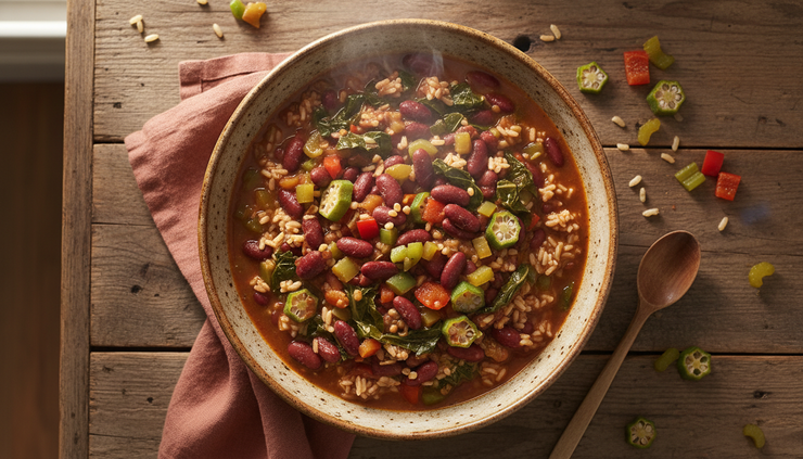 Overhead view of a Cajun red bean souper bowl with rice, vegetables, and steaming broth.