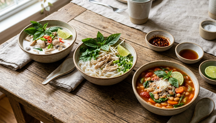 Wide-angle view of three bowls of soup finished with Thai basil